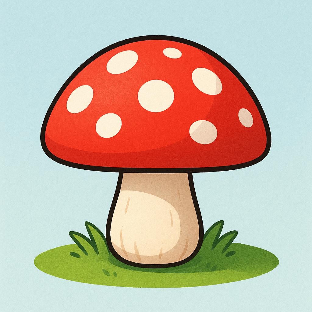 A close-up of a large, poisonous-looking mushroom with a red cap and white spots growing in the grass.