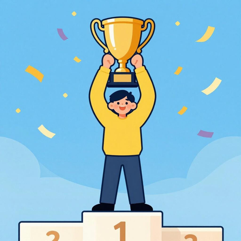 A smiling athlete standing on a podium holding a large gold trophy over their head.