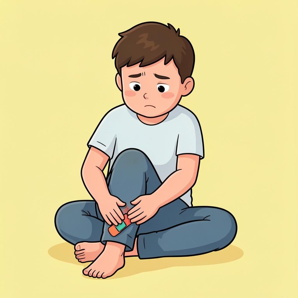 A person sitting on a chair with a small adhesive bandage on their knee and a slightly pained expression.