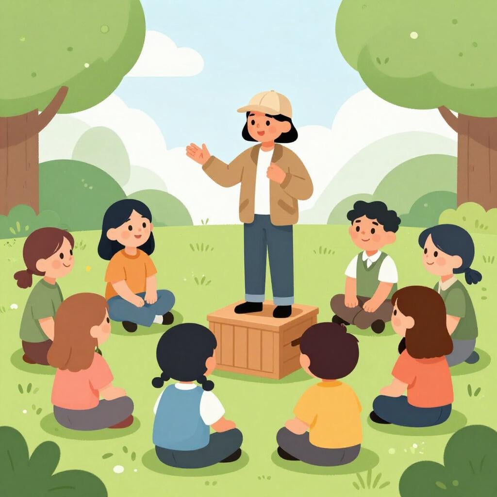 Uma pessoa em pé numa pequena caixa de madeira a discursar para um grupo diversificado de pessoas atentas numa praça pública.