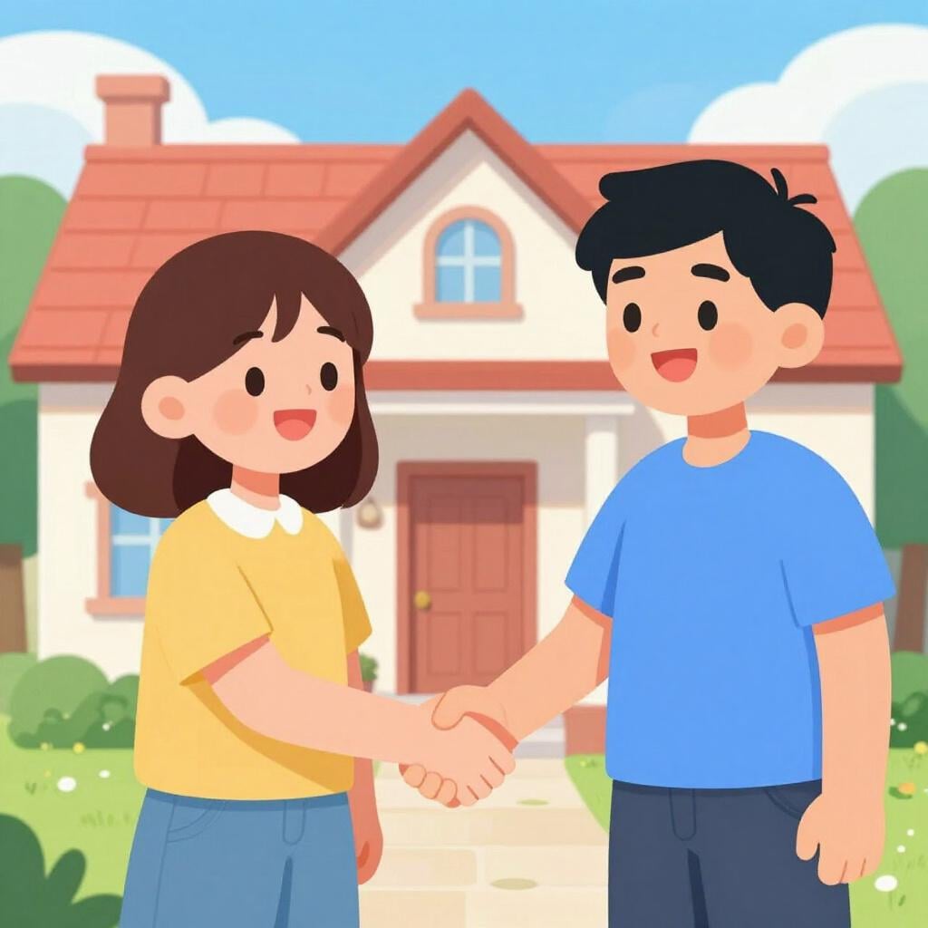 Deux personnes se serrant fermement la main devant une maison simple.