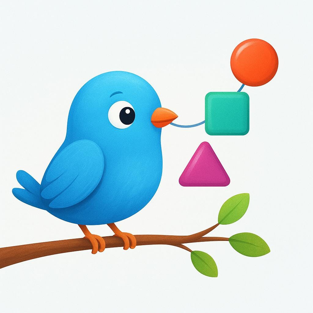 A small, friendly blue bird sitting on a branch. Three distinct, colorful, geometric shapes (a circle, a square, and a triangle) are floating together in a connected chain, emanating from the bird's beak, representing a short phrase.