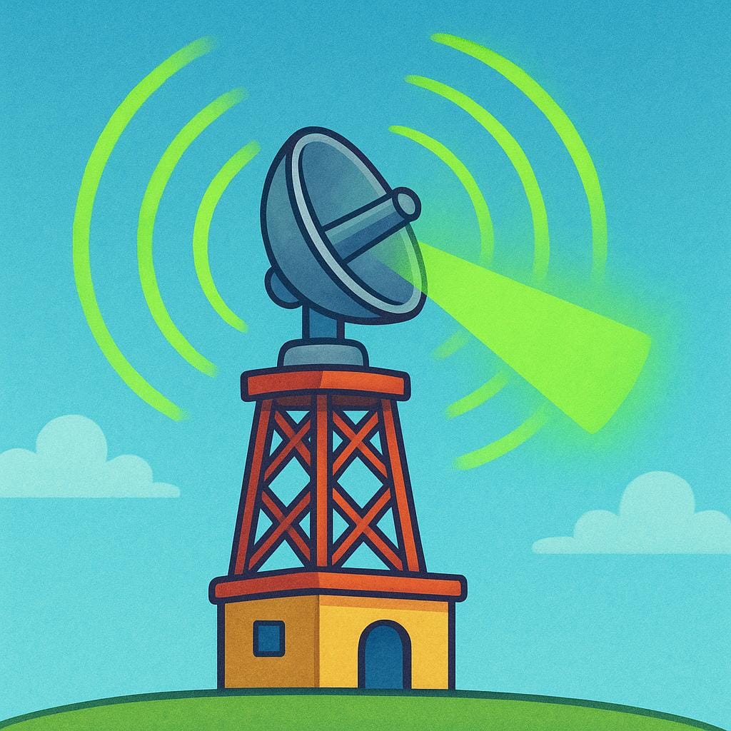 A stylized illustration of a large, gray radar dish rotating on top of a simple tower, emitting curved green electronic detection signals into the surrounding blue atmosphere.