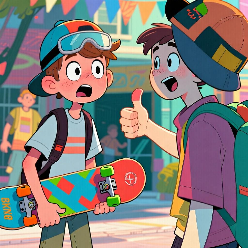 Two teenagers smiling and giving each other a thumbs-up, looking impressed.