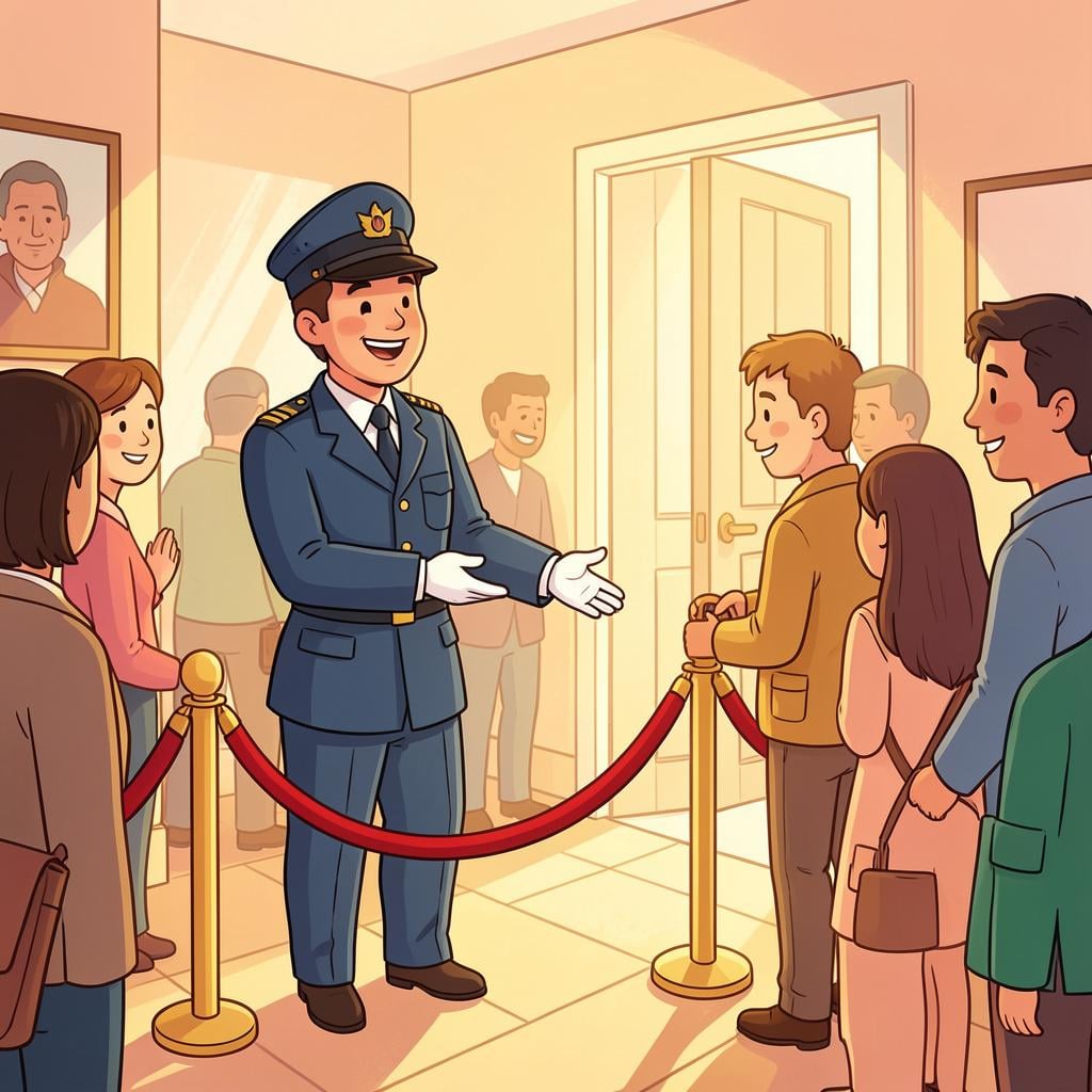 A friendly usher opening a velvet rope to let a group of people into a theater.