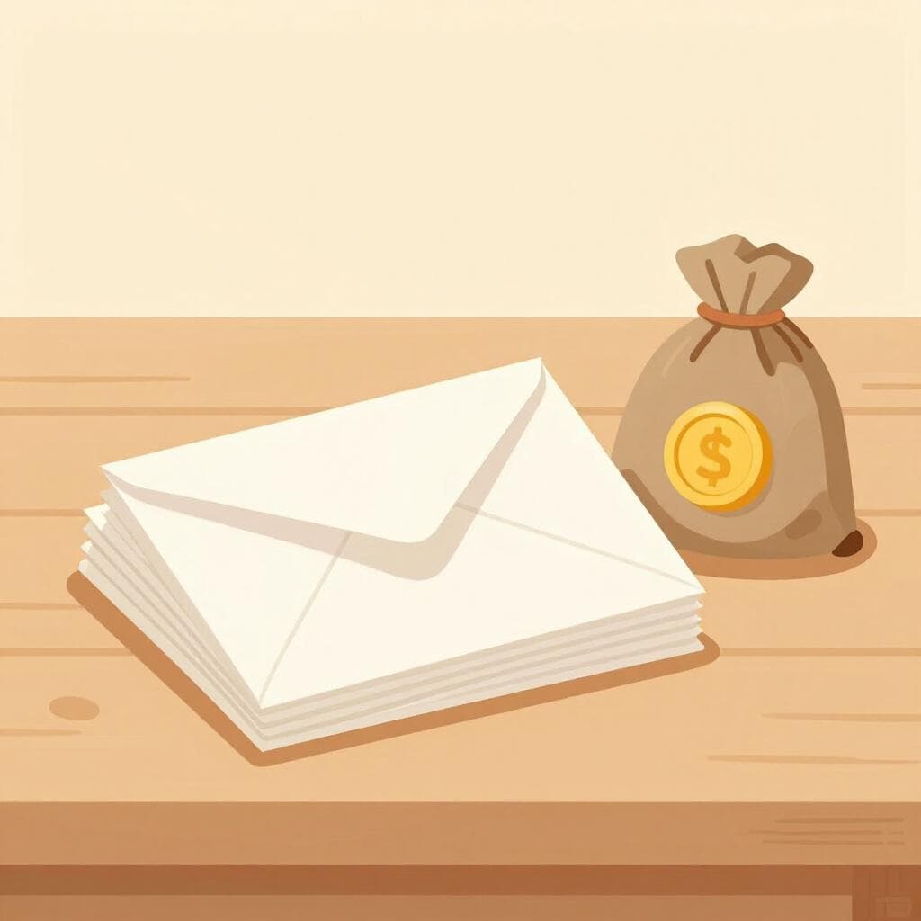Uma pilha de envelopes coloridos com um pequeno saco de moedas de ouro sobre uma mesa de madeira, simbolizando pagamento.