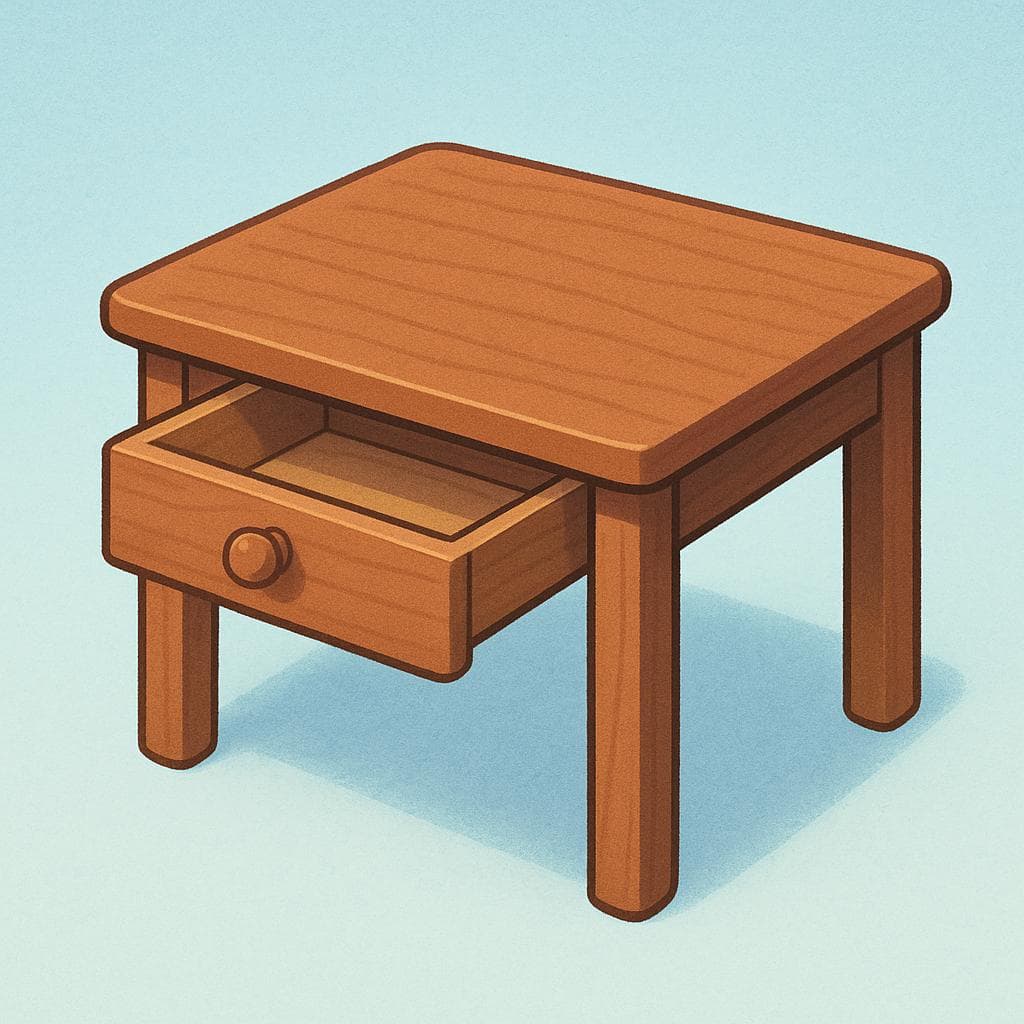 Een bruin houten bureau met één rechthoekige lade die gedeeltelijk is uitgetrokken en het lege interieur onthult.