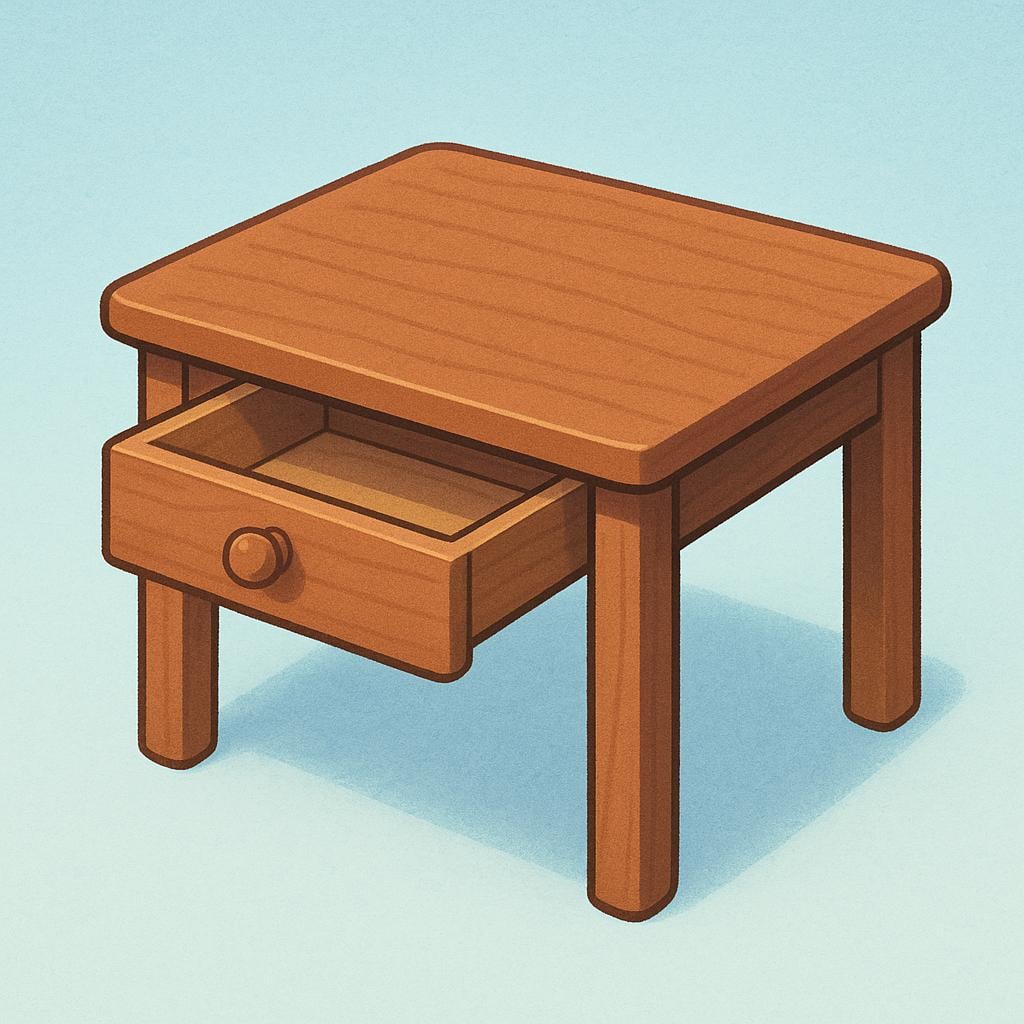 A brown wooden desk with one rectangular drawer partially pulled open, revealing the empty interior.