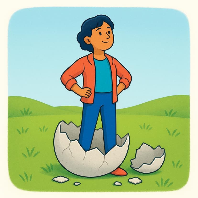 A colorful storybook illustration of a young person emerging from a cracked, grey eggshell, now standing tall and confident and brightly colored in a field of green grass, symbolizing personal transformation.