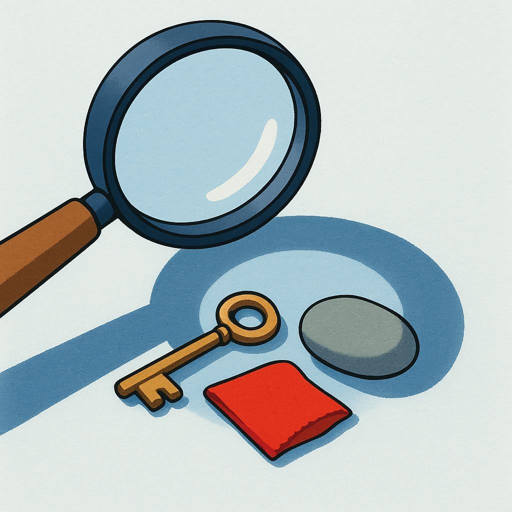 A magnifying glass hovering over a small collection of items: a metal key, a smooth gray stone, and a piece of red cloth, laid out on a wooden surface, representing collected evidence.
