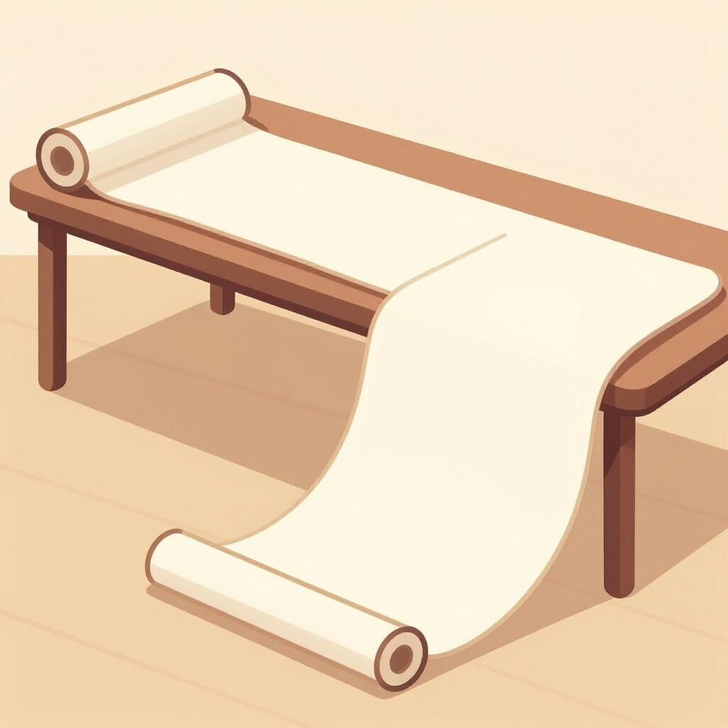 A long, continuous scroll of parchment paper unrolled across a wooden table.