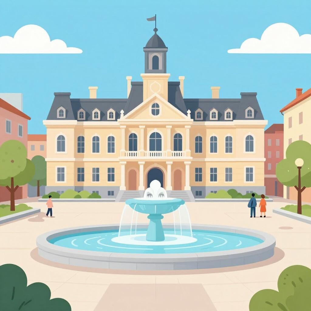 A colorful illustration of a clean city square with a fountain, trees, and a grand town hall building.