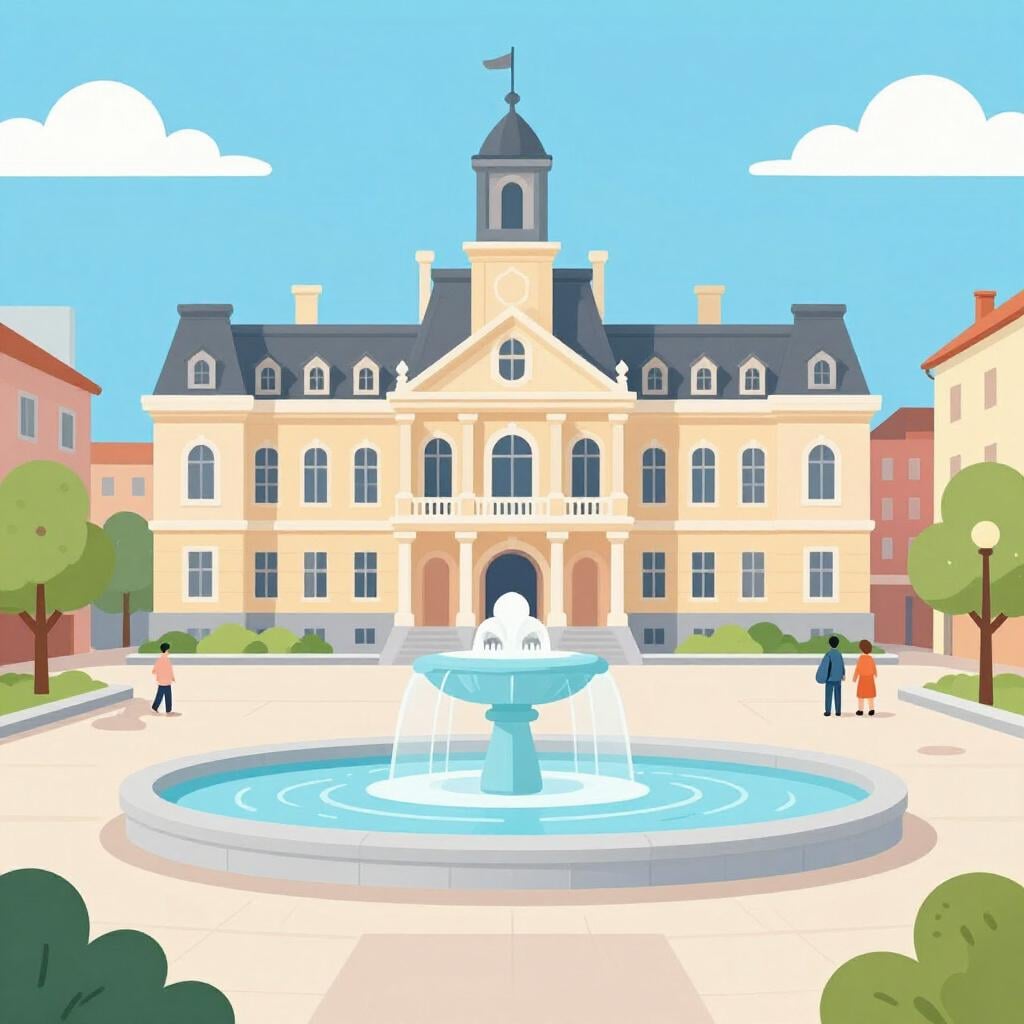 A colorful illustration of a clean city square with a fountain, trees, and a grand town hall building.