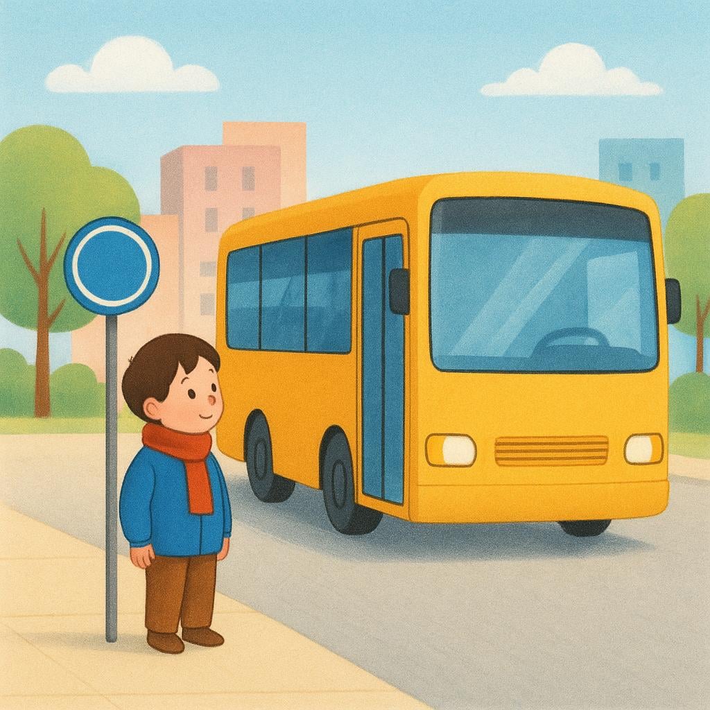 A colorful illustration of a simplified character standing at a bus stop, waiting for a bright yellow bus approaching in the background.
