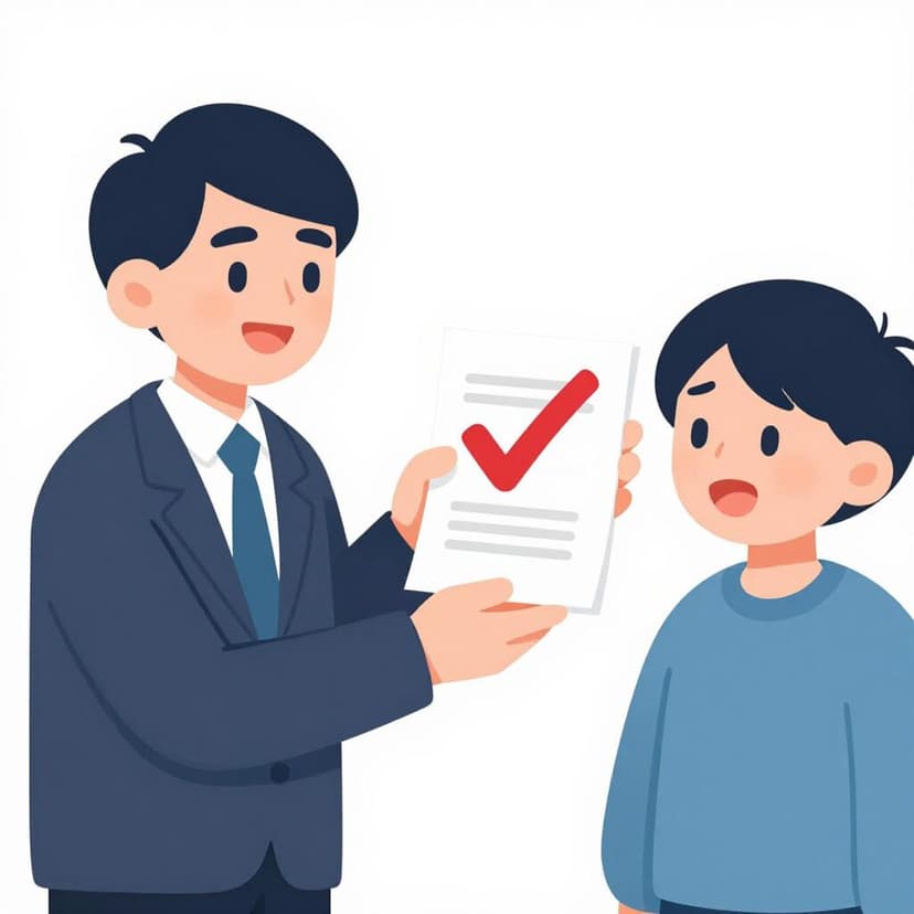 A colorful storybook illustration of a friendly person handing back a signed document to another person with a smile.