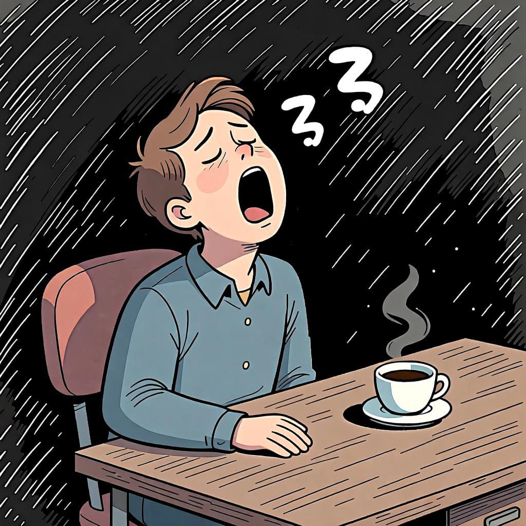 A person looking tired and yawning, to show a temporary feeling or state in the past.