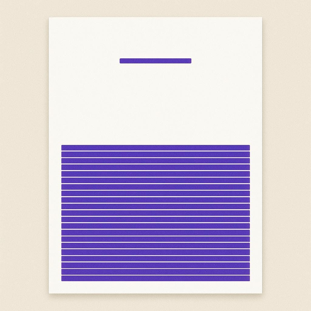 A drawing representing a page layout where a single short, thin purple stripe is isolated at the very top, clearly separated from a large, solid block of stacked purple stripes below it, illustrating the concept of a widow line in typography.