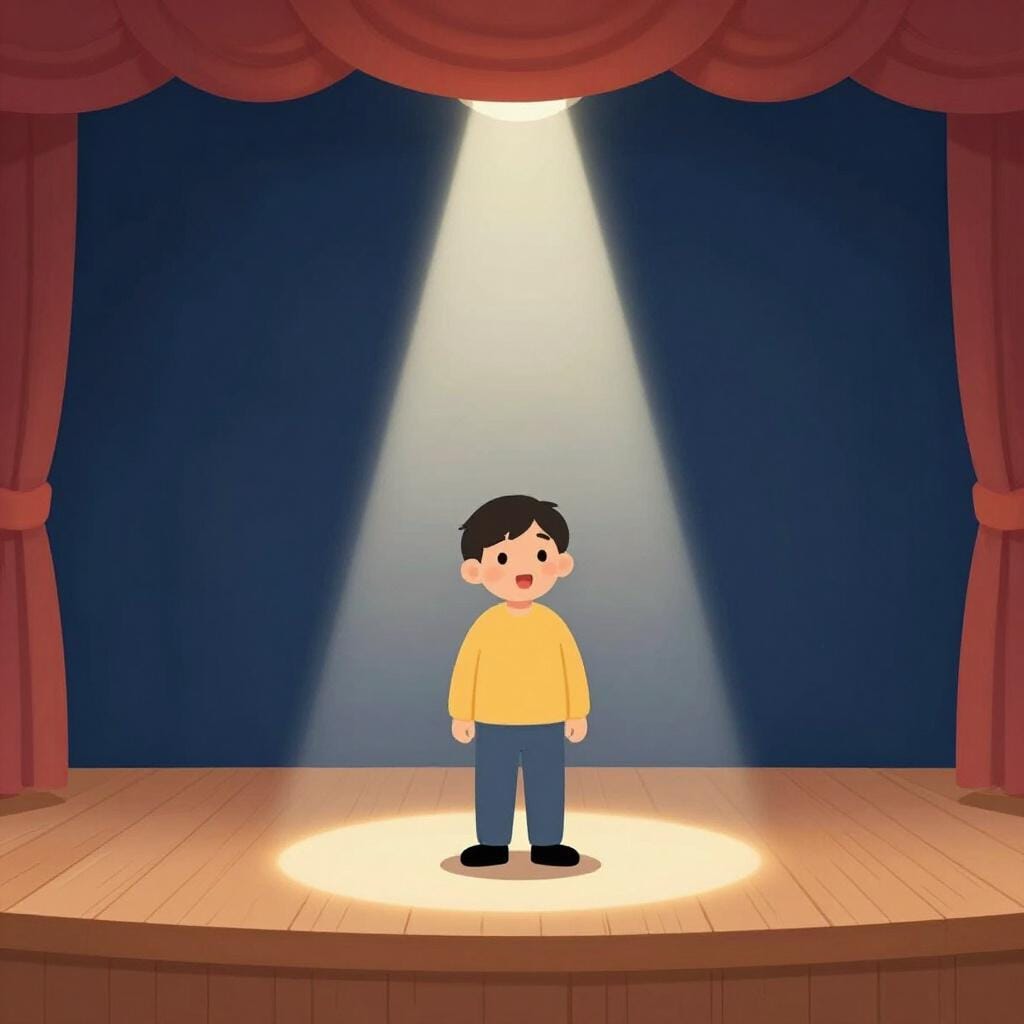 Een persoon die op een podium staat met een spotlight op zich, kijkend verrast en blij.