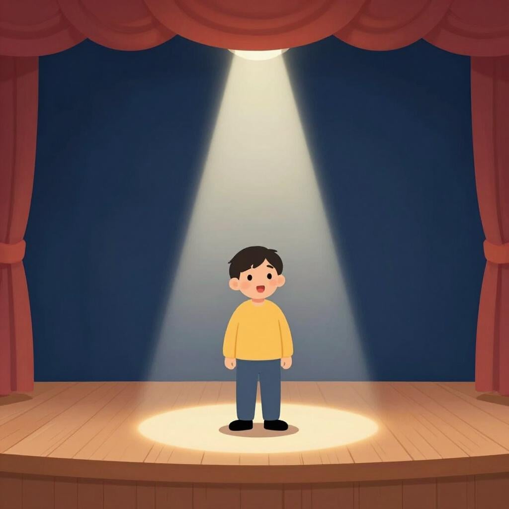 Eine Person steht auf einer Bühne im Rampenlicht, sieht überrascht und glücklich aus.