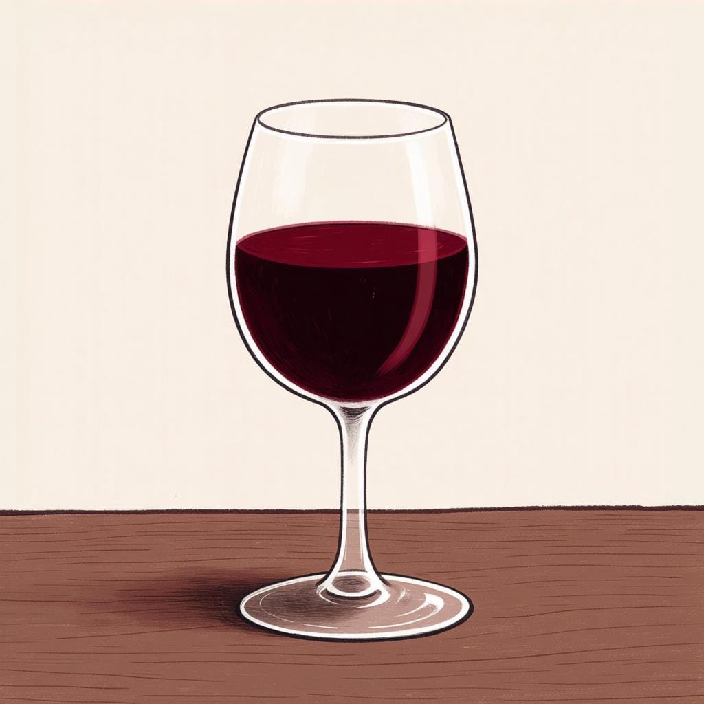 A clear, stemmed glass filled with dark red wine, sitting elegantly on a simple wooden surface.