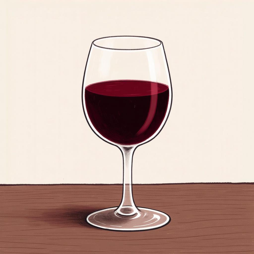 A clear, stemmed glass filled with dark red wine, sitting elegantly on a simple wooden surface.