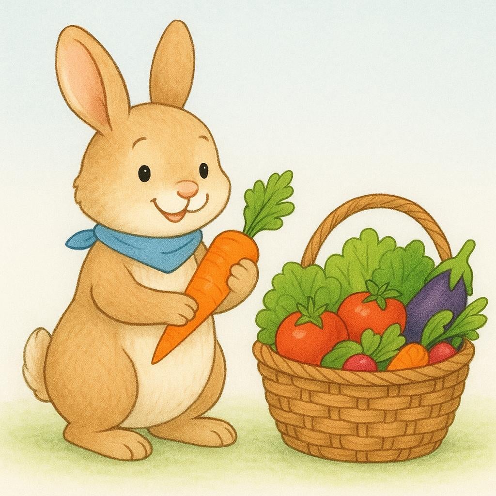 A cheerful rabbit standing next to a wicker basket overflowing with colorful vegetables, carefully examining a large carrot, illustrating watching one's diet.