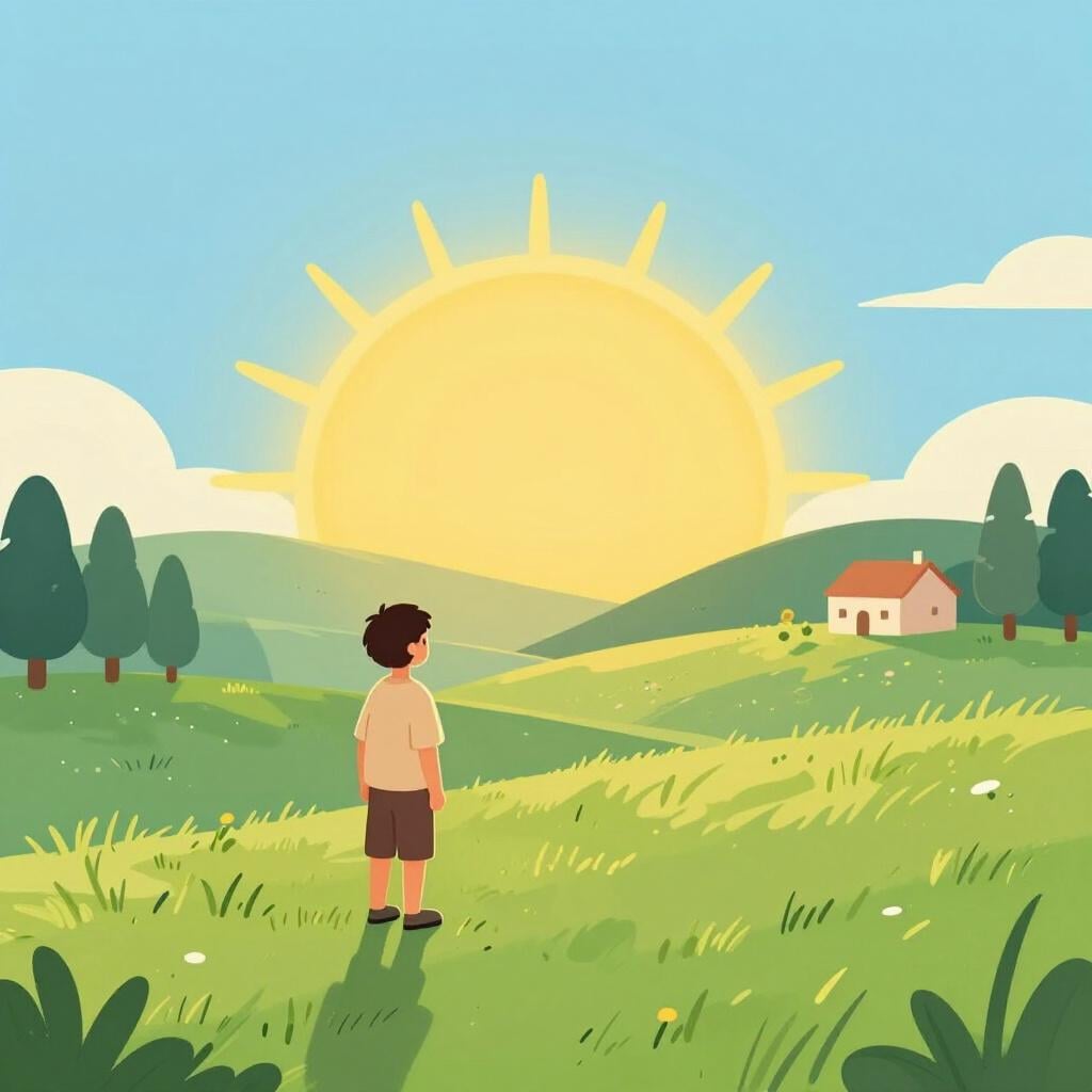 A person standing on a vibrant green hill looking at a bright sunrise on the horizon.