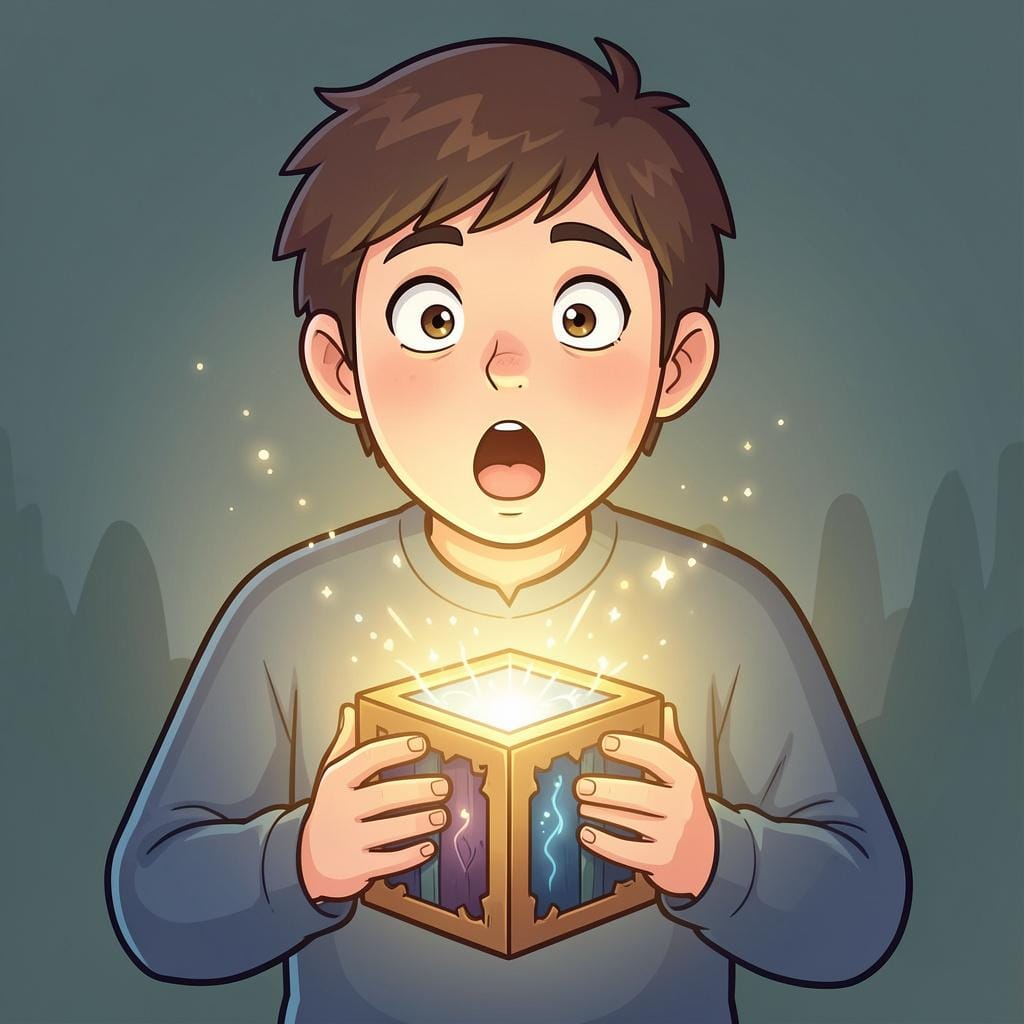 A person looking wide-eyed and surprised while holding a brightly glowing box.