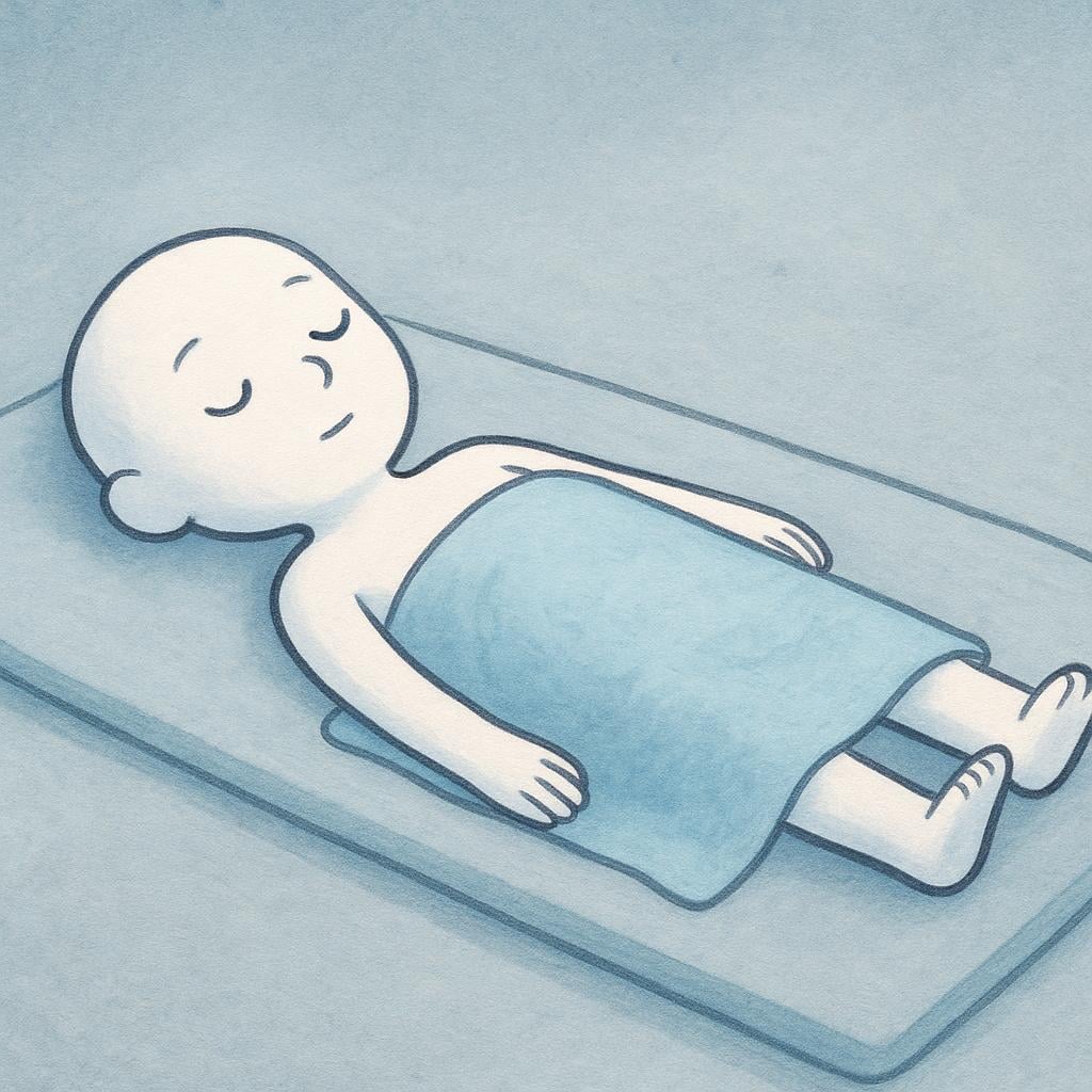 A pale figure lying weakly under a thin blanket on the ground, indicating a medical state of collapse.