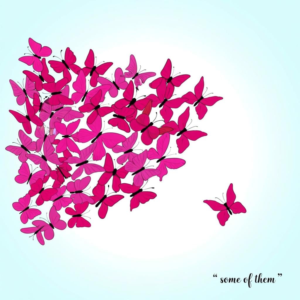 A large cluster of identical pink butterflies flying, with a smaller, distinct group of those same butterflies separated from the main cluster, representing 'some of them'.