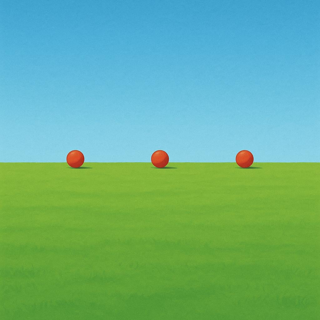 Three identical red spherical balls placed very far away across a wide, empty green field, emphasizing distance and plurality.