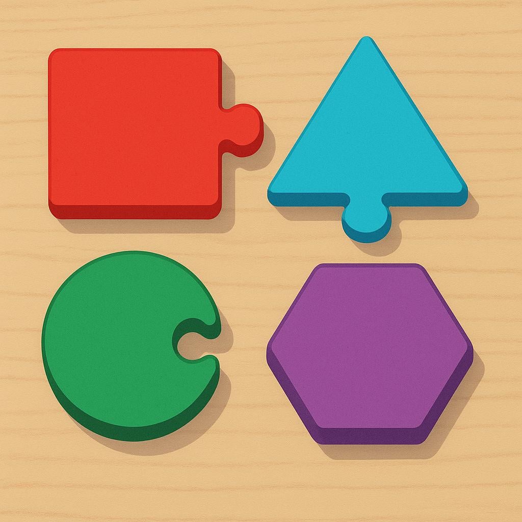 Four brightly colored, distinct geometric puzzle pieces lying scattered on a wooden surface, representing components of a whole.