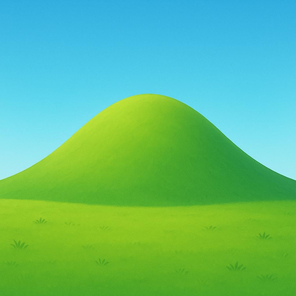 A storybook illustration of a smooth, green, grassy hill rising gently from a flat plain under a bright blue sky.