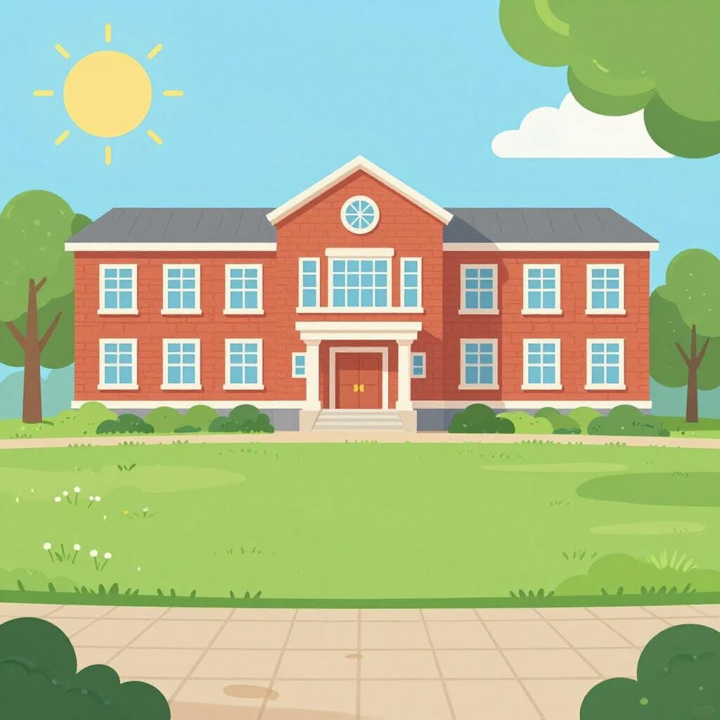 緑の芝生と数本の木がある、レンガ造りの大きな学校の建物。