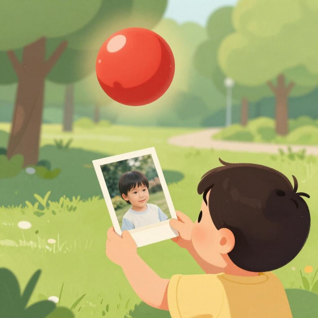A child looking at an old, faded photograph while a faint, glowing image of a sunny park appears in the air above them.