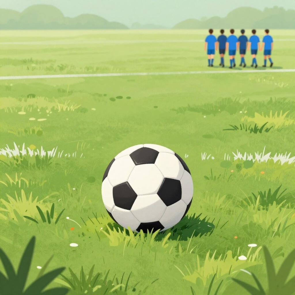 Uma bola de futebol vermelha solitária em um campo, enquanto um time se afasta à distância.