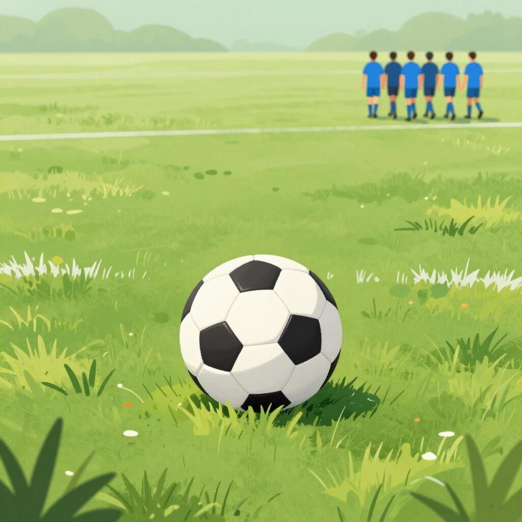 Uma bola de futebol vermelha solitária em um campo, enquanto um time se afasta à distância.
