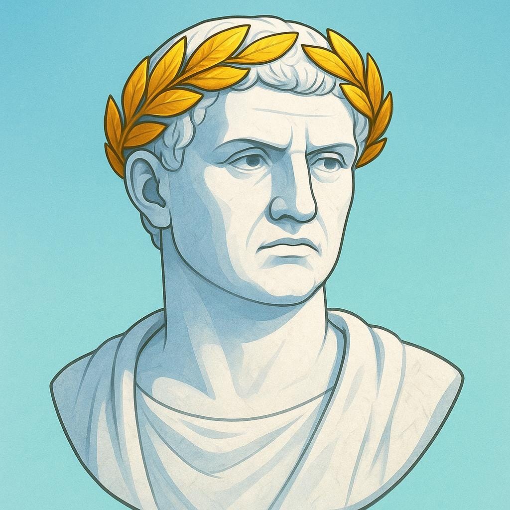 Une sculpture simple en buste de marbre blanc d'un homme romain portant une couronne de laurier dorée, représentant le titre César.