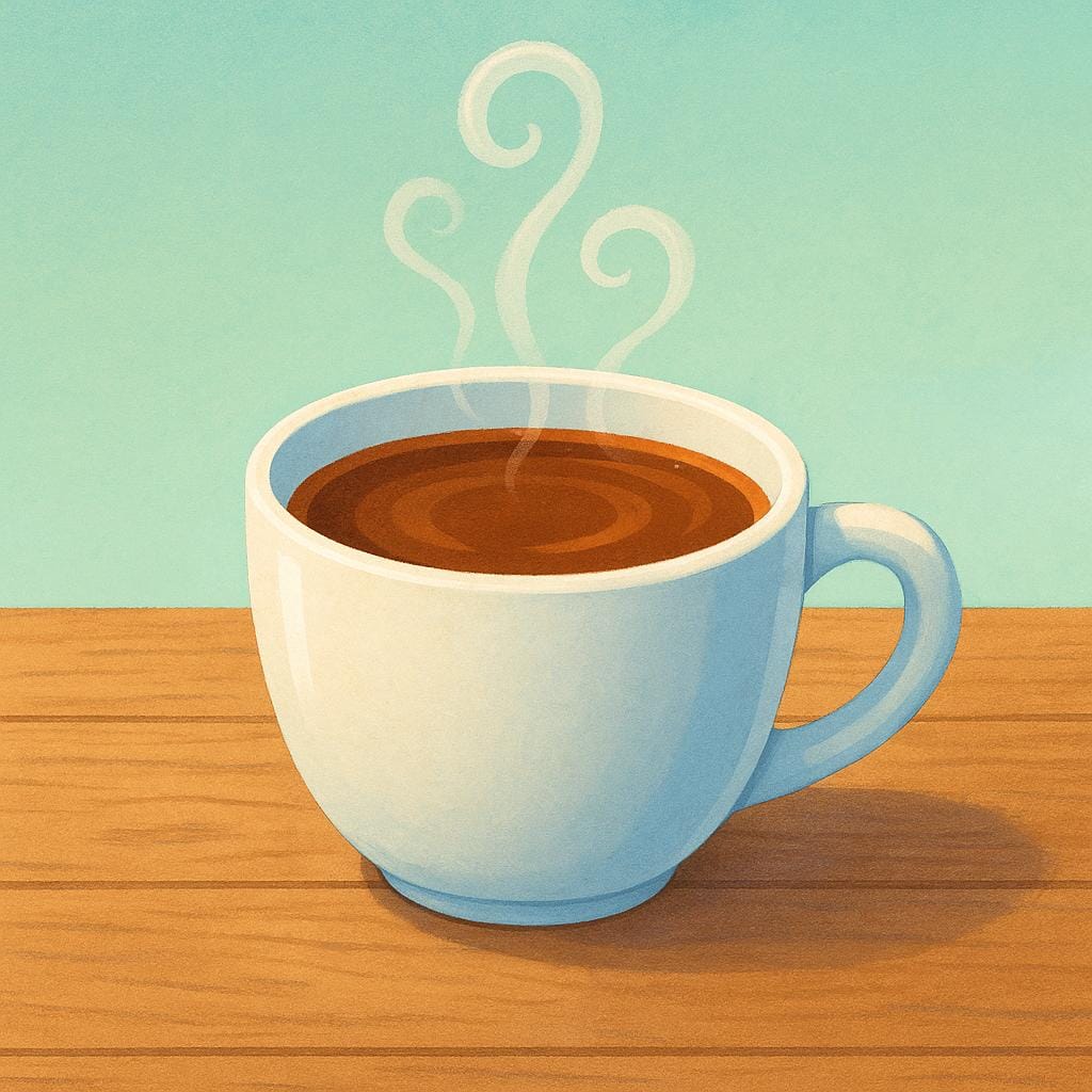 Eine farbenfrohe Illustration, die eine weiße Tasse mit dunklem Kaffee zeigt, aus der eine starke Dampfwolke aufsteigt, was darauf hindeutet, dass der Kaffee erst vor wenigen Augenblicken zubereitet wurde.