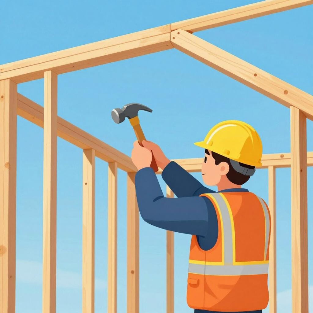 Uma pessoa usando um capacete amarelo e um colete de segurança, segurando um martelo e construindo uma estrutura de madeira para uma casa.
