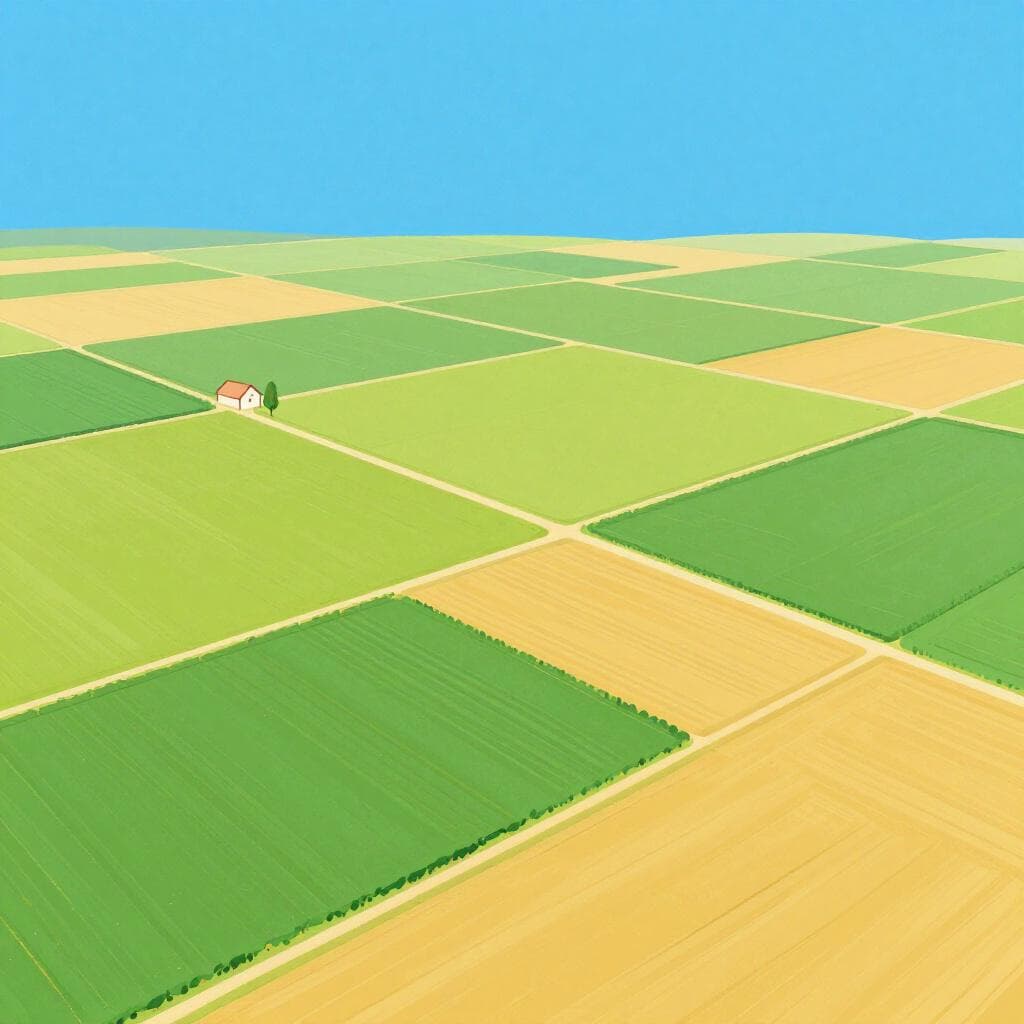 Un vaste paysage verdoyant divisé en parcelles rectangulaires soignées de différentes couleurs, avec une petite ferme au loin.