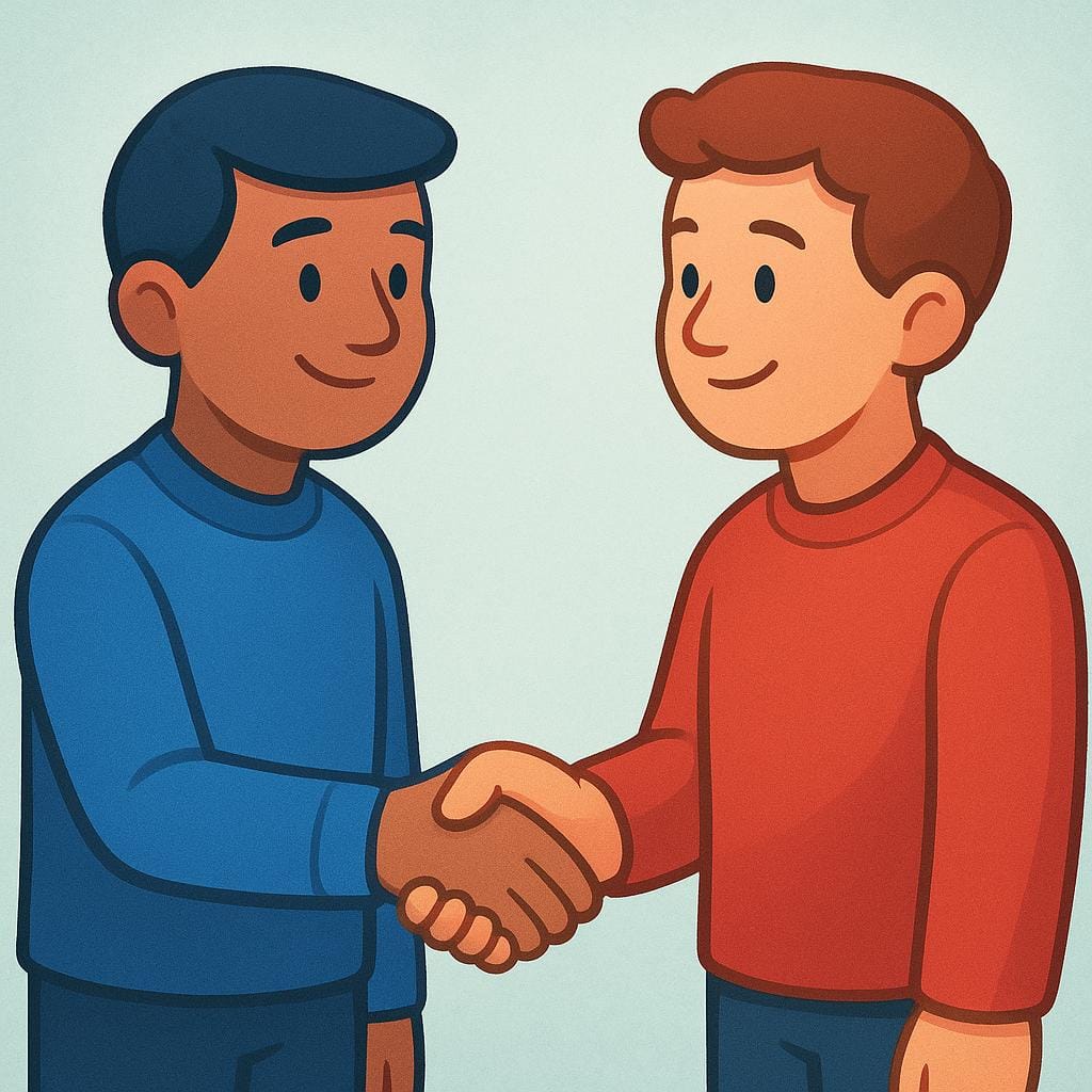 Two stylized figures, one wearing blue and one wearing red, shaking hands firmly in the center to symbolize a political agreement.