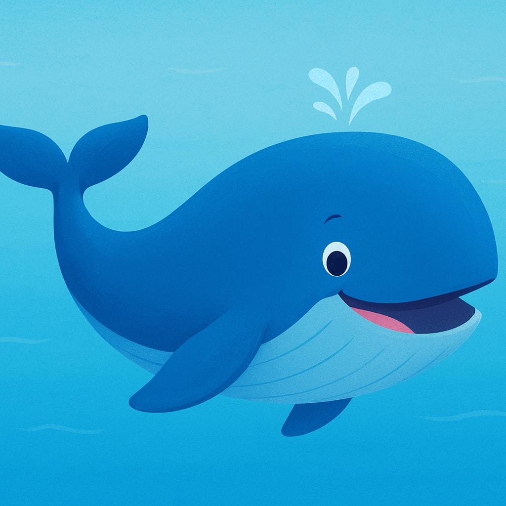 A high quality storybook illustration showing a bright blue whale swimming in the ocean.