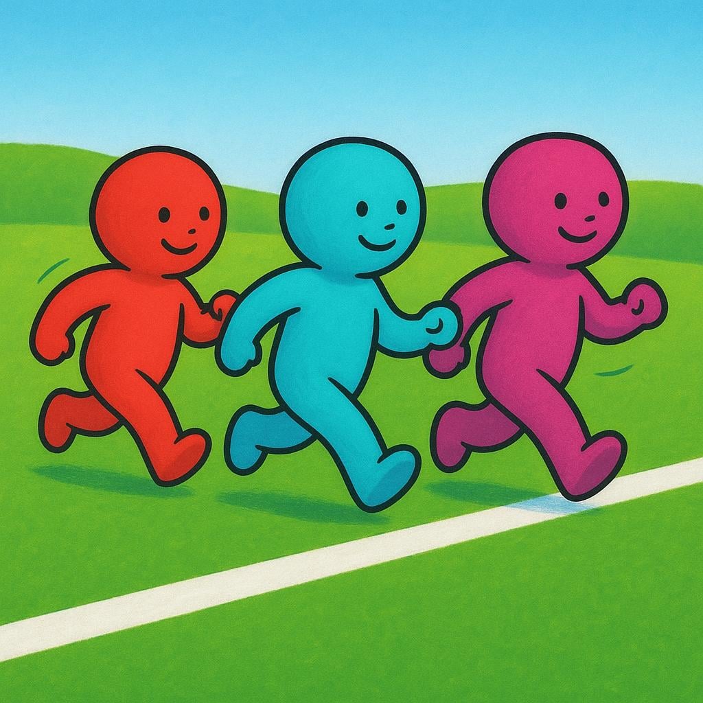 A simple illustration showing three small, brightly colored figures taking their first steps forward from a white starting line on a grassy field.