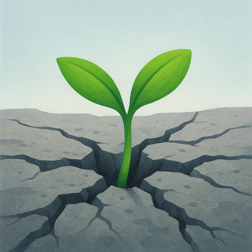 A close-up illustration of a small, vibrant green seedling pushing its way up through a patch of dry, cracked gray soil, symbolizing endurance and survival.