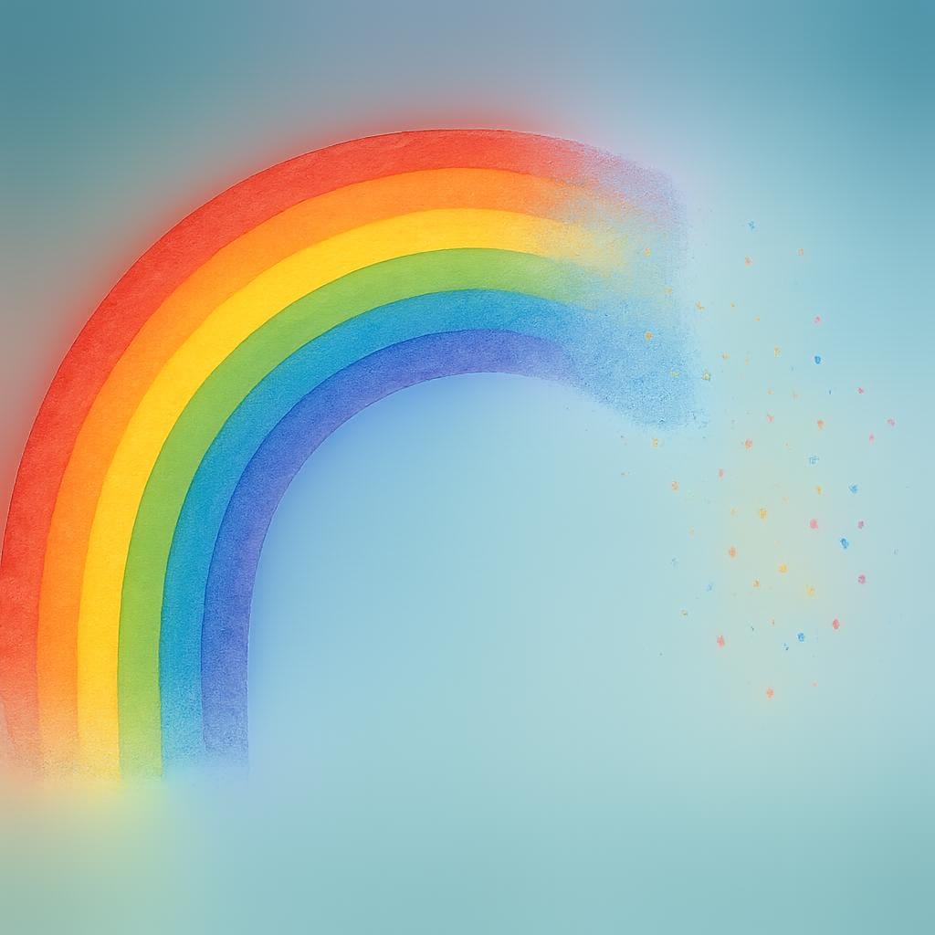 A vibrant rainbow quickly fading and dissolving into transparent mist against a blue sky, illustrating the concept of being temporary.