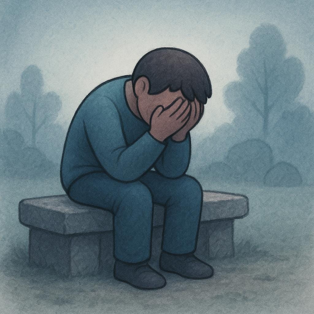 A solitary person wearing simple, gray clothes, sitting hunched over on a stone bench with their head down, conveying deep emotional suffering.