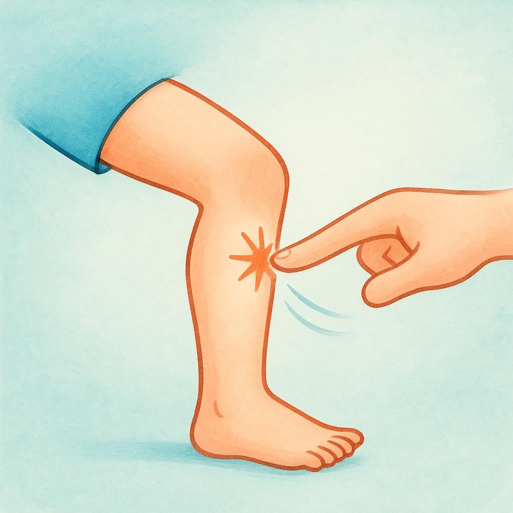 A person's leg involuntarily jerking upward after being tapped just below the knee.