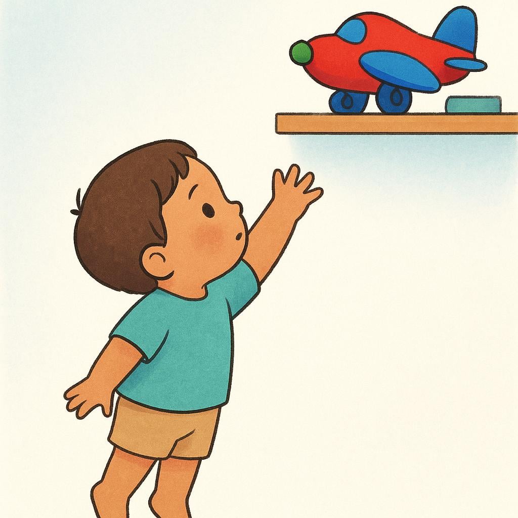 A storybook illustration of a child reaching up eagerly for a bright red toy airplane sitting on a high shelf, symbolizing desire or wanting.