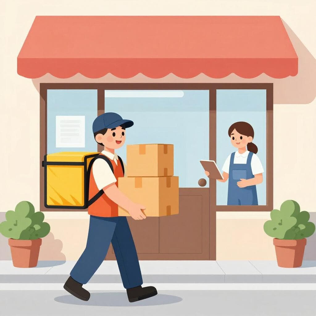 Une personne effectuant des livraisons dans un uniforme vif remettant une pile de boîtes en carton à un commerçant devant une petite épicerie.